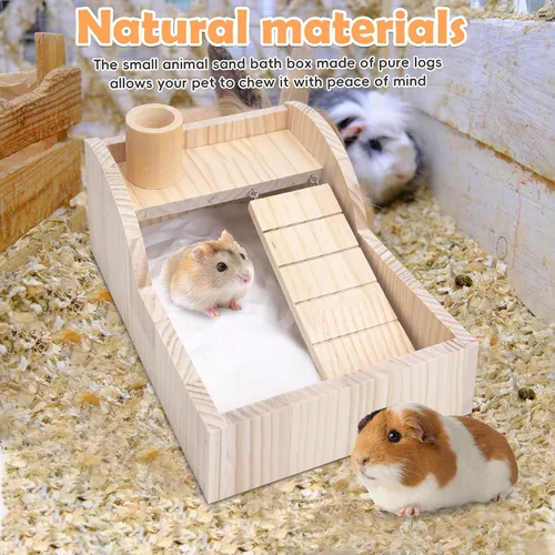Miniatura 6 de PINVNBY Caja de baño de arena para hámster de madera con escalera de escalada, habitación de ducha, arena para excavar, contenedor de bañera