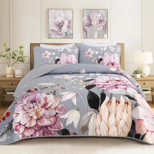 Miniatura 26 de Juego de colcha floral tamaño Queen de 3 piezas, juego de colcha con estampado floral rojo suave de microfibra ligera, cubrecama acolchado negro