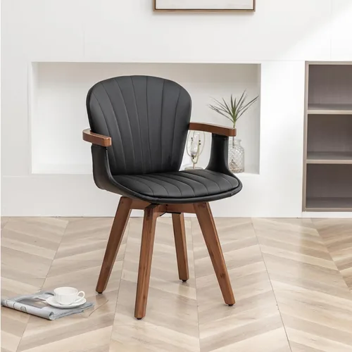 LUNLING Sillas de comedor giratorias, sillas de cocina modernas de cuero sintético negro de mediados de siglo con brazos, patas de bambú, sillas