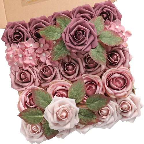 YYHUAWU Flores Artificiales Juego de Caja Combo Color Degradado Flor Hoja con Tallos para DIY Ramos de Boda Centros de Mesa Baby Shower Fiesta Malva