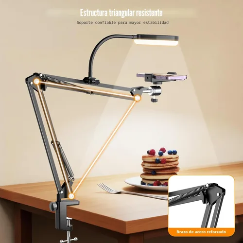 Miniatura 8 de Soporte de cámara superior con anillo de luz, brazo flexible articulado para teléfono compatible con iPhone, webcam Logitech, trípode de escritorio
