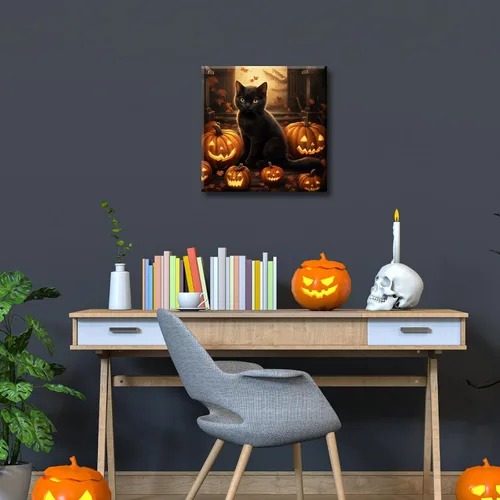 Miniatura 2 de YONICA Lienzo decorativo de Halloween para pared de sala de estar, decoración del hogar, calabaza de Halloween y gato negro sobre lienzo, obra