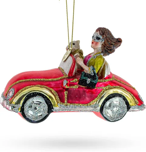 Miniatura 3 de Elegante Mujer Conducción Rosa Cabriolet Soplado Vidrio Adorno De Navidad
