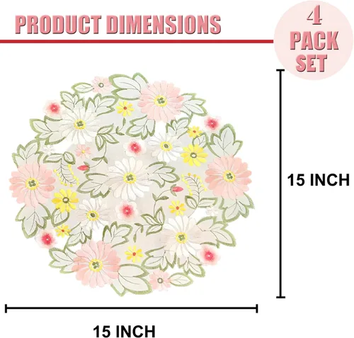 Miniatura 2 de LeLehome Juego de 4 manteles individuales redondos bordados con margaritas de primavera, 15 pulgadas, decoración de mesa para el hogar, cocina