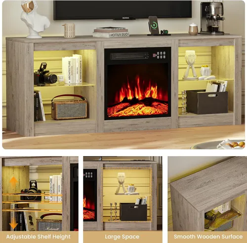 Miniatura 8 de EAG Soporte de TV con chimenea para TV de 65 pulgadas, soporte de TV con chimenea eléctrica de 18 pulgadas, centro de entretenimiento con estantes