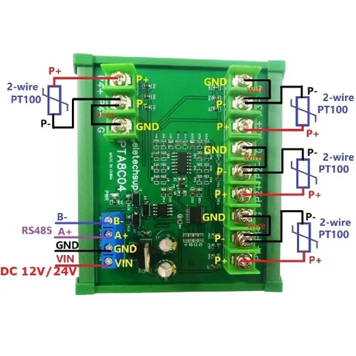 Miniatura 5 de PTA8C04 4-Channel PT100 RTD Temperature Sensor Module, DC 12V/24V, Modbus RTU RS485 Data Collector, -40 to 500 Degrees Celsius for Industrial