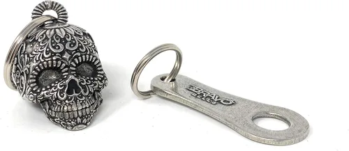 Bravo Bells Campana de motociclista con calavera de azúcar 3D con colgador de campana, accesorio de campana de motociclista o llavero para la