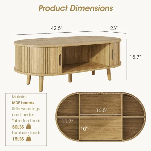 Miniatura 2 de Alohappy Mesa auxiliar ovalada de 42.5 pulgadas de ancho, mesa de centro moderna de mediados de siglo con puerta corrediza de tambor, mesa central