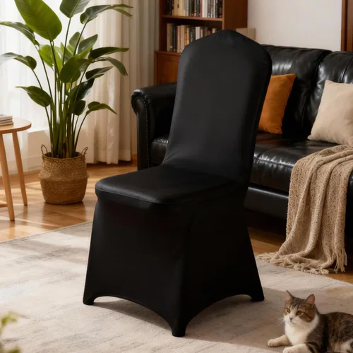 Miniatura 6 de Yahpetes 2 fundas para silla, de poliéster negro, fundas para sillas de banquete, parte delantera plana, elásticas, de elastano, para bodas