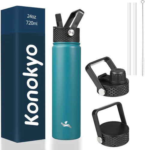 Miniatura 118 de Konokyo - Botella de agua aislada de 18 onzas, botellas deportivas de acero inoxidable con 3 tapas, verde militar