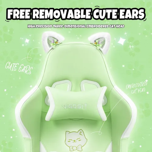 Miniatura 3 de Silla de gamer verde con reposapiés de gato de Vigosit, silla de escritorio de gamer ergonómica y linda con orejas de gato, silla de computadora