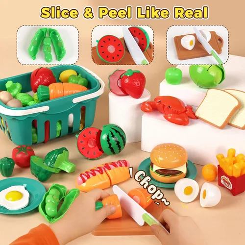Miniatura 3 de LovesTown Juego de Comida de Juguete de 59 Piezas para Niños Pequeños, Ollas y Sartenes de Juguete Amarillas para Niños con Cesta, Juguetes