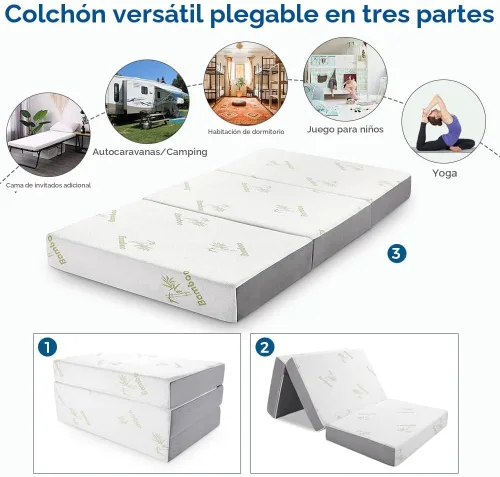 Miniatura 5 de Inofia Colchón plegable tamaño individual, colchón de espuma viscoelástica triple de 6 pulgadas con funda extraíble ultrasuave, parte inferior