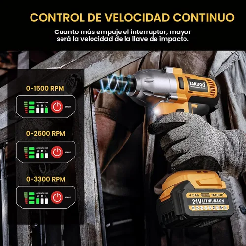 Miniatura 6 de Takuoo Llave de impacto inalámbrica de 1/2 pulgada sin escobillas, par máximo (1200N.m) 900 pies-libra de impacto eléctrico con batería de 4000mAh