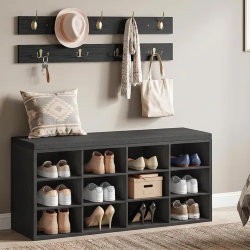 Miniatura 8 de HOOBRO Shoe Storage Bench with Cushion, 39.4" L Entryway Bench with 12 Cubbies, Entryway Hall Tree with Storage, Cubby Shoe Rack Bench with Coat