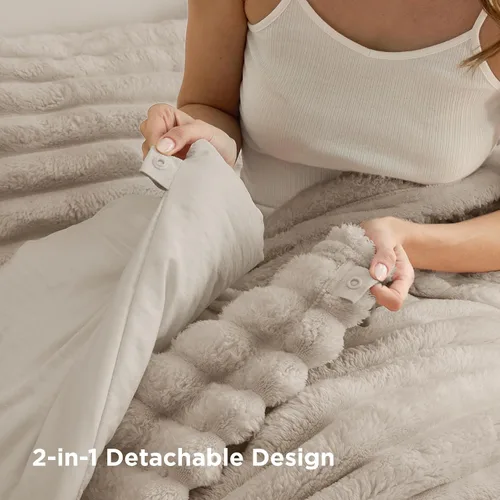 Miniatura 5 de Bedsure Gentlesoft™ Juego de edredón individual 2 en 1 y manta esponjosa desmontable, juego de ropa de cama beige para uso en todas las estaciones