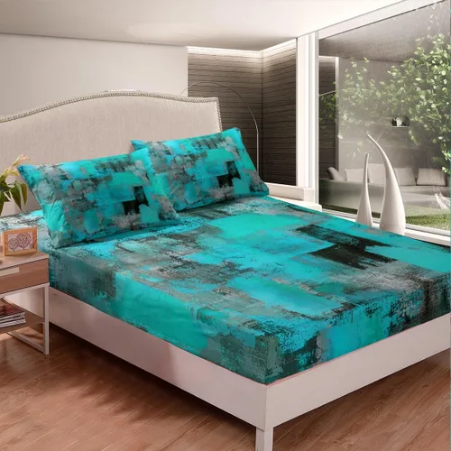 Miniatura 27 de Erosebridal Juego de sábanas de color negro con diseño de grunge azul, juego de sábanas abstractas de acuarela degradada, tamaño individual, teñido