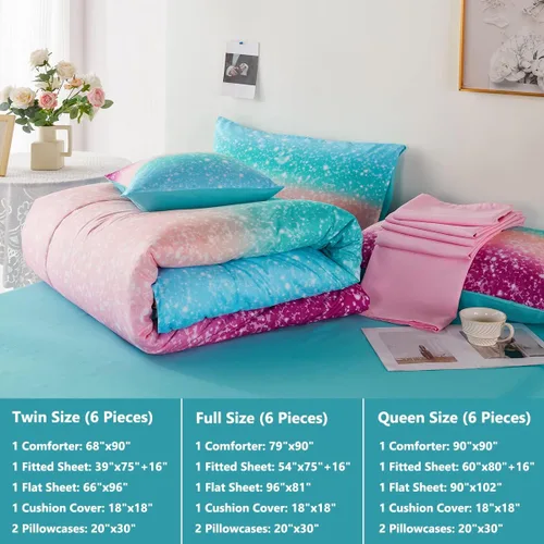 Miniatura 7 de PERFEMET Juego de edredón tamaño Queen con sábanas, juego de ropa de cama de 6 piezas con teñido anudado arcoíris para niñas, juego de edredón Azul