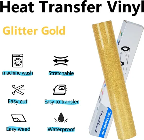 Miniatura 2 de Guangyintong Vinilo de Transferencia de Calor Dorado con Purpurina, 12" x 8 pies Vinilo Termoadhesivo para Camisetas, Fácil de Cortar y Quitar