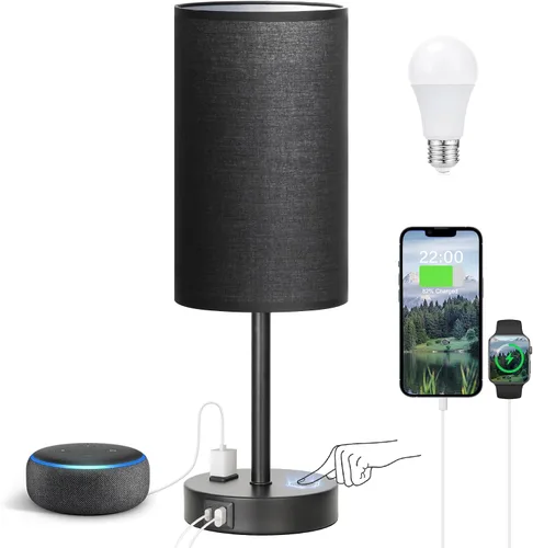 Miniatura 32 de Fenmzee Juego de lámparas de mesa pequeñas táctiles regulables de 2 a 3 vías, carga USB A + C, salida de CA, base de grano de madera, bombillas