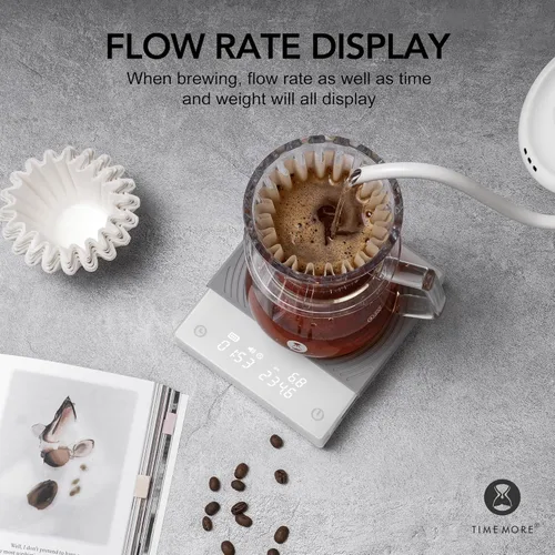 Miniatura 2 de TIMEMORE Báscula de café Basic 2.0 con temporizador, escala de café espresso de espejo negro con función de tasa de flujo, 2000g/0.1g de alta