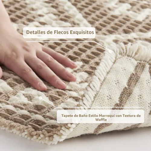 Miniatura 4 de PADOOR -Tapete de baño de punto gofre, súper absorbente, lavable a máquina, antideslizante, con borlas, tapete de baño suave para lavandería, Marrón