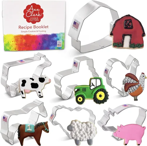 Ann Clark - Juego de cortadores de galletas de animales de granja, 7 unidades, fabricado en Estados Unidos, vaca, cerdo, oveja, gallo, caballo,