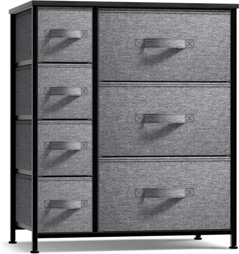 Miniatura 7 de Sorbus - Cómoda con 7 cajones: mueble organizador en torre con marco de acero, parte superior de madera, contenedores de tela fáciles de jalar