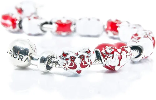 Miniatura 5 de Tortolitos en fuego, corazón de esmalte rojo y blanco de plata esterlina encanto grano S925, amor aniversario corazón esmalte encanto, arte popular