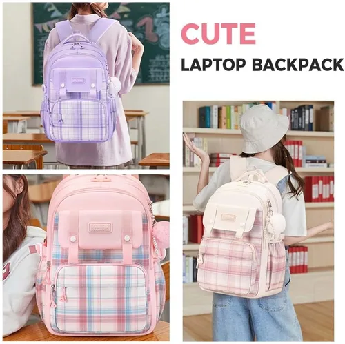 Miniatura 6 de Linda mochila universitaria para laptop para mujer, bolsa de computadora estética de gran capacidad, mochila kawaii rosa con colgante (beige)