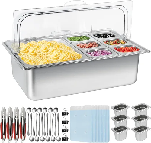 Miniatura 11 de Pizza Topping Station 7 sartenes, barra de ensalada, estación de buffet, servidor de bufé de alimentos fríos con tapas de bolsas de hielo, juego