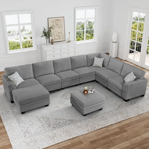 Miniatura 25 de Legend Vansen Sofá modular de gran tamaño, sofá en forma de U de 7 asientos con otomana, sofá de pana con asiento profundo, sofás seccionales Gris