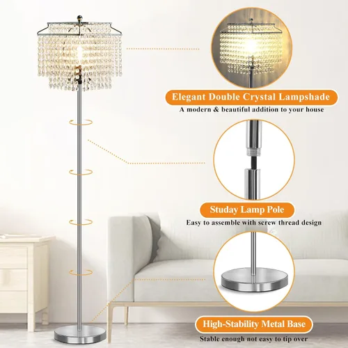 Miniatura 3 de Luvkczc Lámpara de pie de cristal, lámparas de pie modernas de 64 pulgadas de alto con pantalla de doble capa, interruptor de pie de encendido