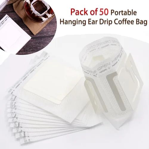 Miniatura 5 de Paquete de 50 bolsas de café portátiles para colgar en las orejas, bolsa de papel desechable de filtro de café de una sola porción para viajes