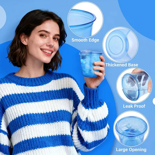 Miniatura 4 de KesaPlan Paquete de 50 vasos de plástico azul de 12 onzas con tapas para sorber, vasos de vino desechables sin popote para café helado, cócteles