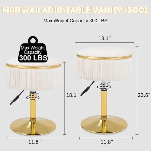 Miniatura 2 de Taburete de tocador ajustable con almacenamiento, silla taburete de maquillaje giratorio de 360°, otomana redonda pequeña de terciopelo con base