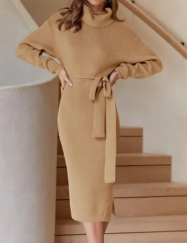 Miniatura 70 de ZESICA - Vestido por debajo de la rodilla de suéter, de cuello alto, para mujer, de manga larga, de punto acanalado, con abertura y cinturón