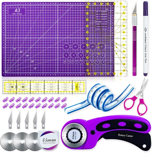 Juego de cortadores giratorios Nicecho, suministros para coser y acolchar, cortadores de tela de 45 mm, alfombrilla de corte A3 para coser, reglas
