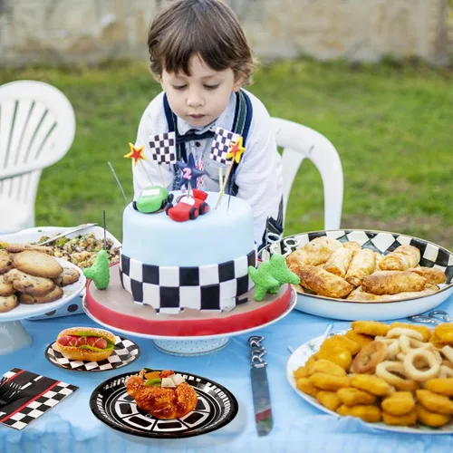 Miniatura 5 de Grencian Juego de 96 platos y servilletas de papel desechables con temática de carreras para niños, suministros de fiesta de cumpleaños, baby