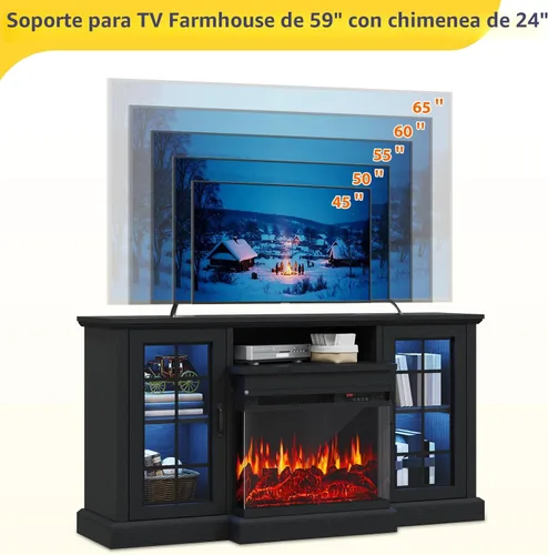 Miniatura 8 de Soporte de TV con chimenea de 59 pulgadas, mesa de consola central de entretenimiento de vidrio de 3 caras para televisores de hasta 65 pulgadas