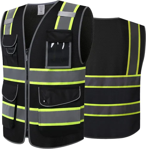 Chaleco de seguridad negro reflectante de alta visibilidad de malla para hombres y mujeres, con 9 bolsillos y cremallera, chaleco de construcción de