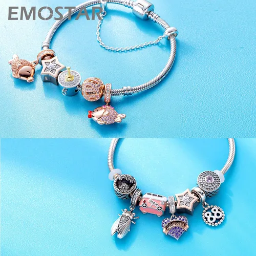 Miniatura 4 de Rose Gold Valentines Day Charms fits European Bracelet, Couple Lovers Charms, My Wife Charm, Heartbeat, Star Crescent Moon Dangle, Knotted Heart