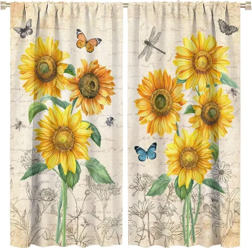 Miniatura 40 de Cortinas opacas con diseño de girasoles para ventana, puesta de sol sobre girasol, para dormitorio, sala de estar, cocina, decoración del hogar, 42
