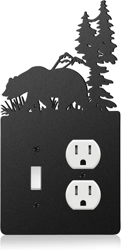 Miniatura 15 de Cubierta de Interruptor de Luz de Oso de Metal Alce Árbol Montaña Alce Placa de Interruptor de Luz Negra Cubierta de Enchufe de Bosque Interruptor
