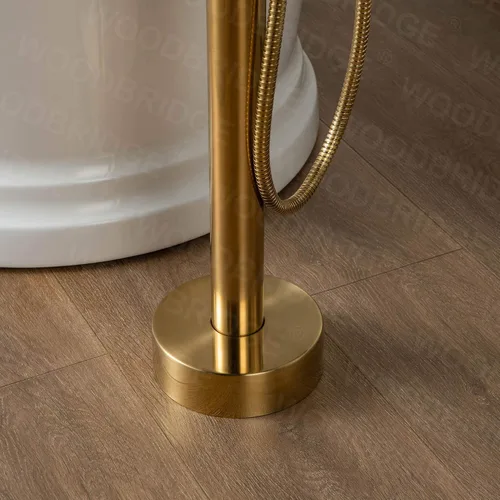 Miniatura 5 de WOODBRIDGE Grifo de llenado de bañera independiente contemporáneo de una sola manija con ducha de mano en acabado dorado cepillado, F0007BGRD