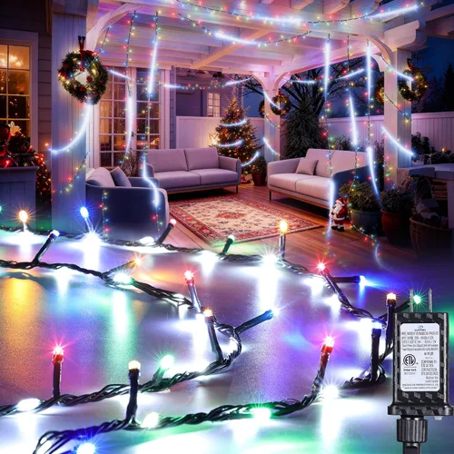 iBaycon Cadena de luces de Navidad, 20 pies 240 LEDs, luces con flujo de agua conectables al aire libre, impermeables, 14 modos, cadena de luces de