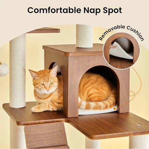 Miniatura 5 de Árbol moderno para gatos de 64 pulgadas, torre para gatos de interior con varios niveles, con 7 postes rascadores completamente envueltos, 2 Marrón