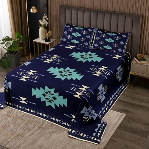 Miniatura 25 de Erosebridal Juego de colcha étnica tribal con flechas geométricas aztecas, acolchado occidental, tribu africana, exótico, atrapasueños, plumas