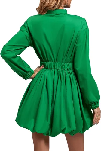 Miniatura 2 de LYANER Minivestido de manga larga abombada con cuello en V y cinturón con volantes para mujer