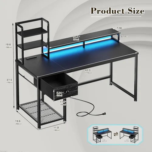 Miniatura 3 de Escritorio para juegos de 44 pulgadas con gabinete y cajones, escritorio reversible para computadora con estante para monitor, escritorios